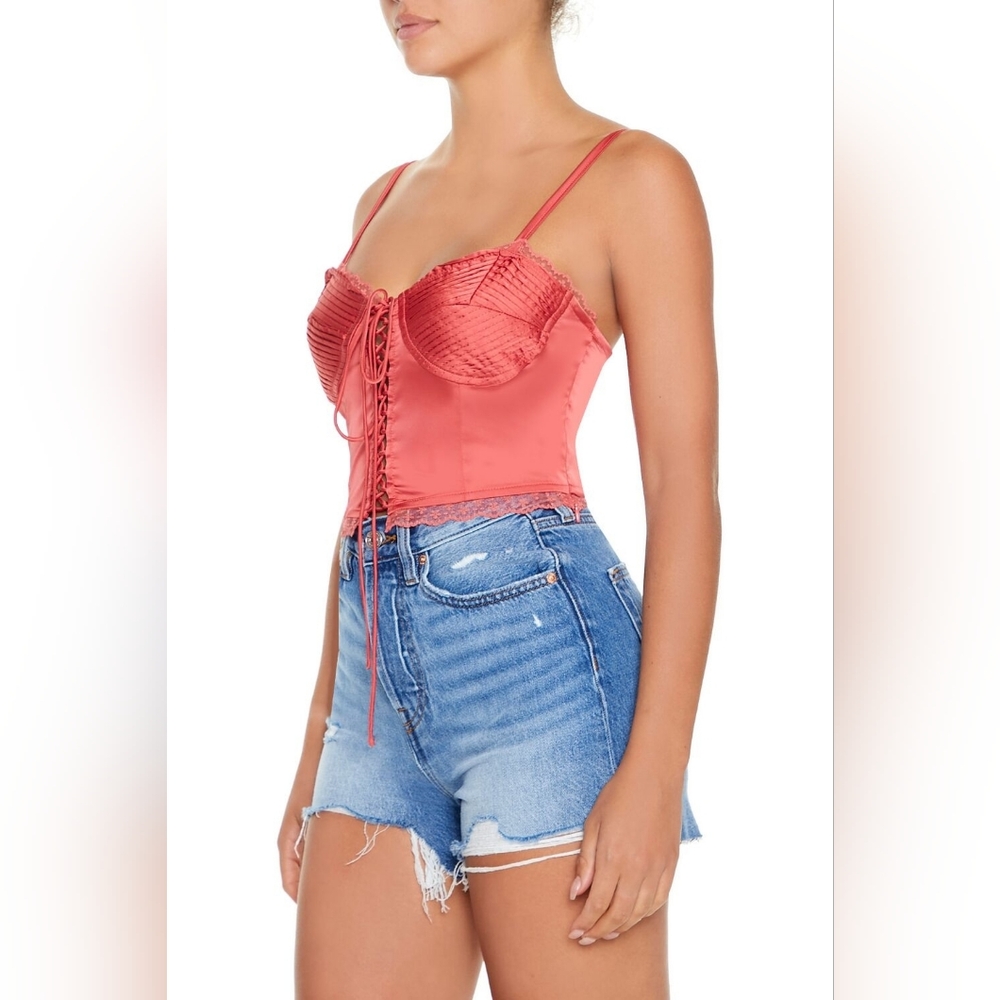 Forever 21 Satin Lace Up Bustier Cami Small Womens Faded Rose Babydoll Top NWT